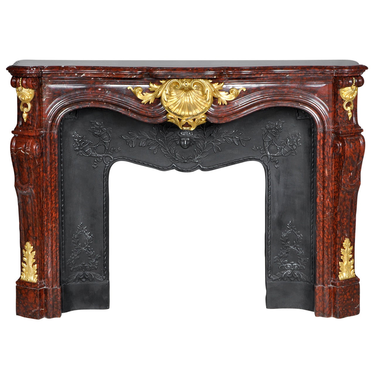 Beautiful Louis XV Style Fireplace of Red Griotte Marble with Bronze Ornaments