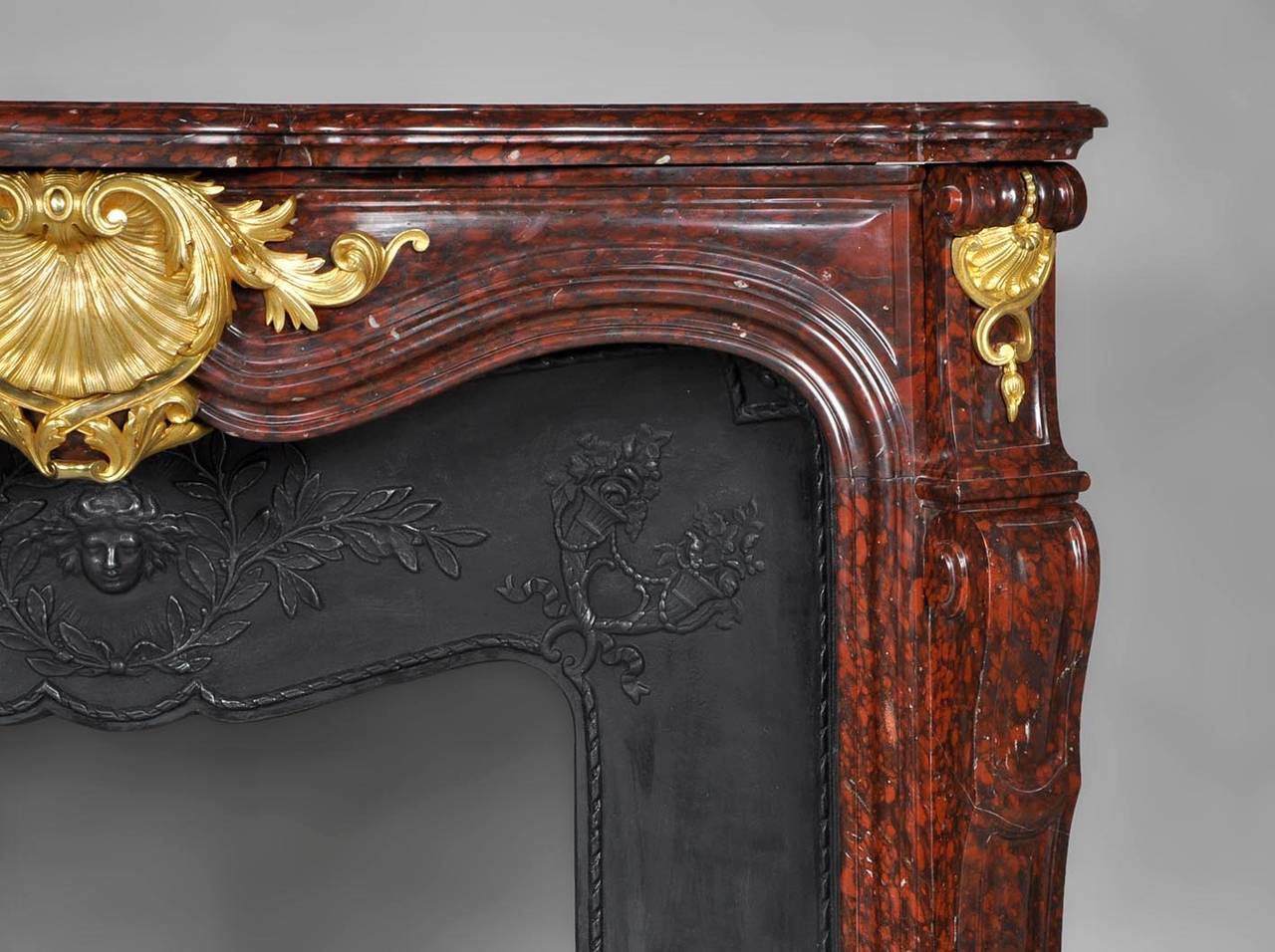 19th Century Beautiful Louis XV Style Fireplace of Red Griotte Marble with Bronze Ornaments