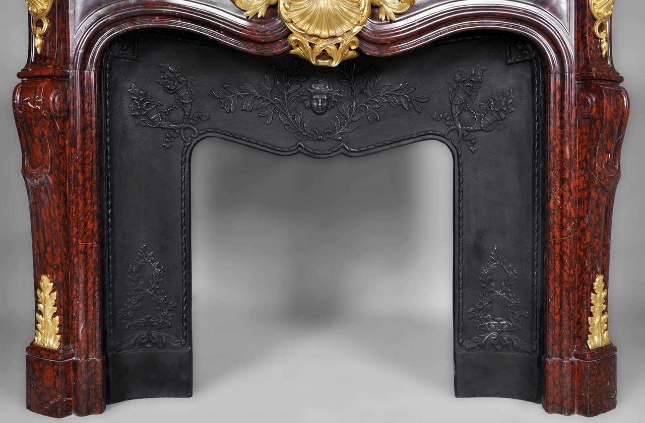 Beautiful Louis XV Style Fireplace of Red Griotte Marble with Bronze Ornaments 2