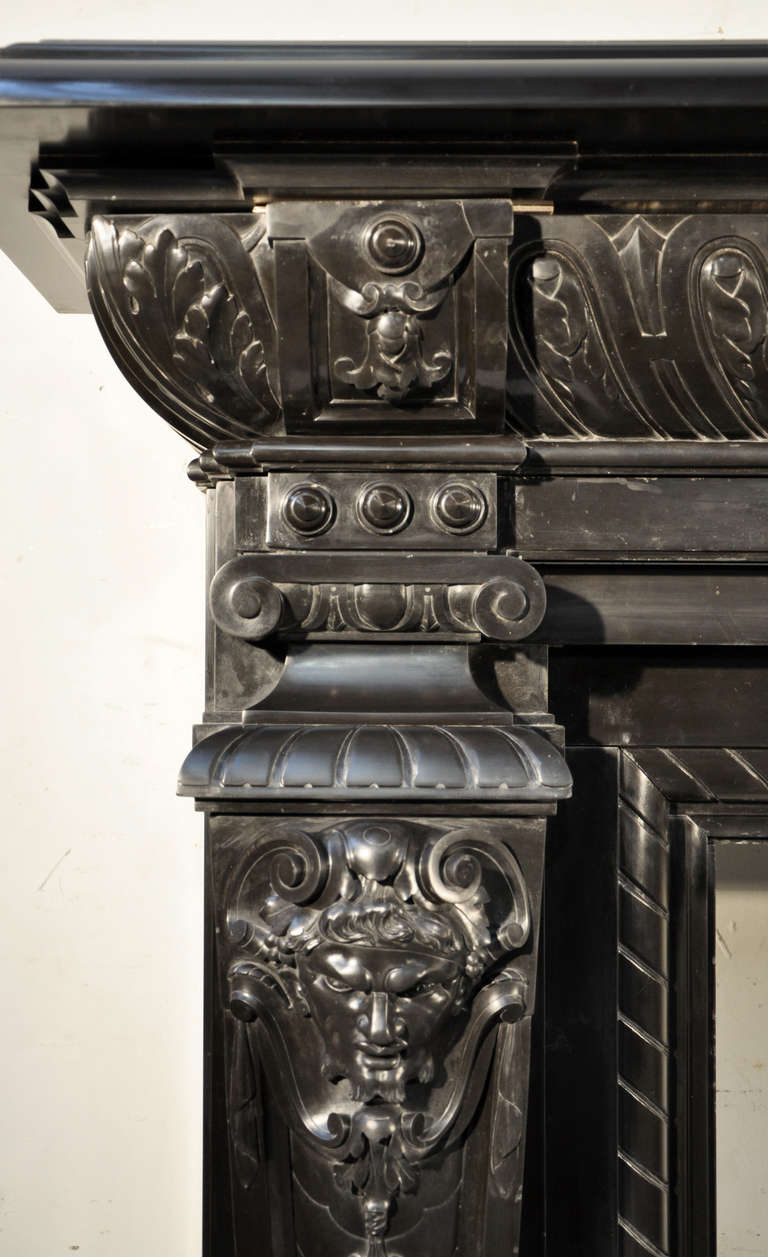 French Neo Renaissance style antique fireplace with Satyrs in Black Belgium marble, 19th century