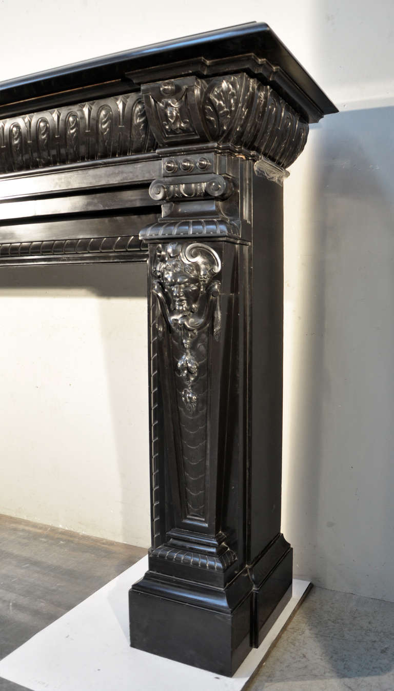 19th Century Neo Renaissance style antique fireplace with Satyrs in Black Belgium marble, 19th century