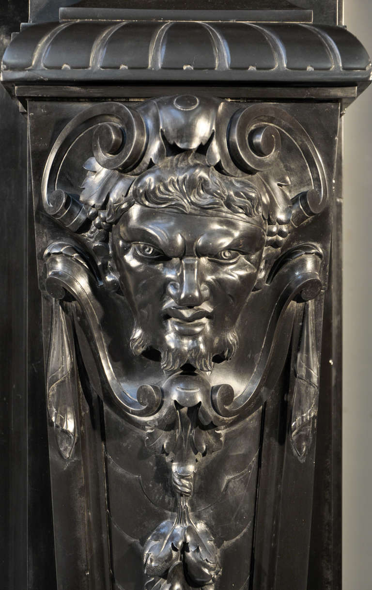 Neo Renaissance style antique fireplace with Satyrs in Black Belgium marble, 19th century 1