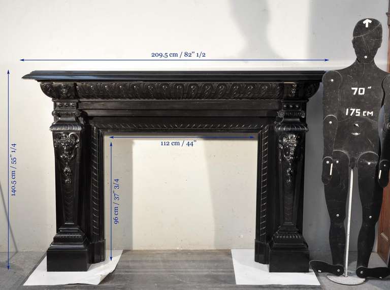 Neo Renaissance style antique fireplace with Satyrs in Black Belgium marble, 19th century 3