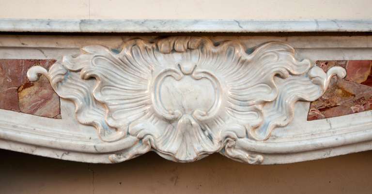French Antique Louis XV Period Provencal Fireplace in Carrara and Sarrancolin Marble, 18th c.