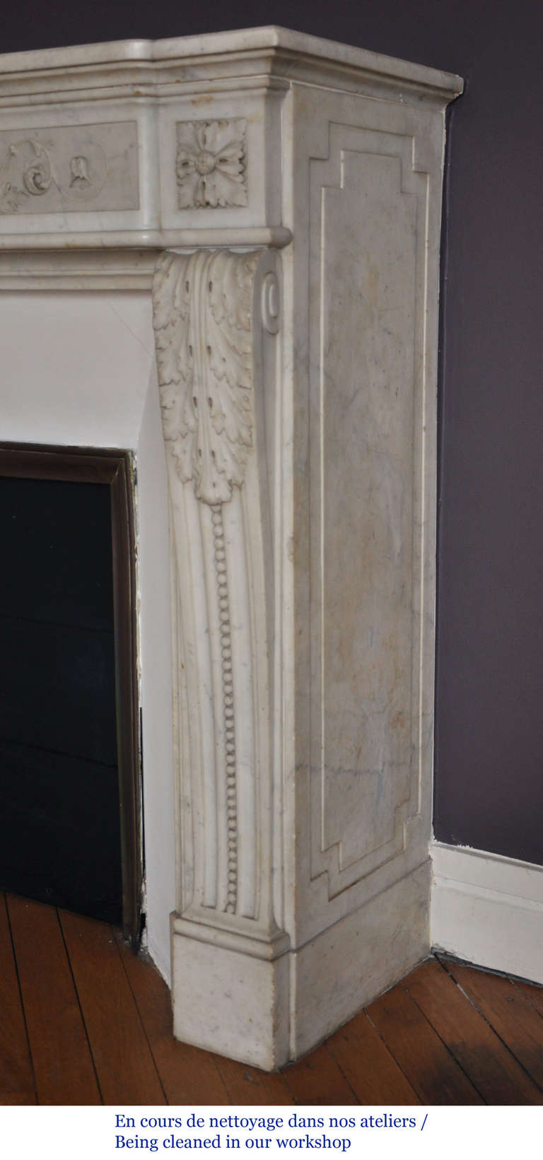 Antique Louis XVI Style Fireplace with Carved Foliages in Carrara Marble, Period 19th Century 3