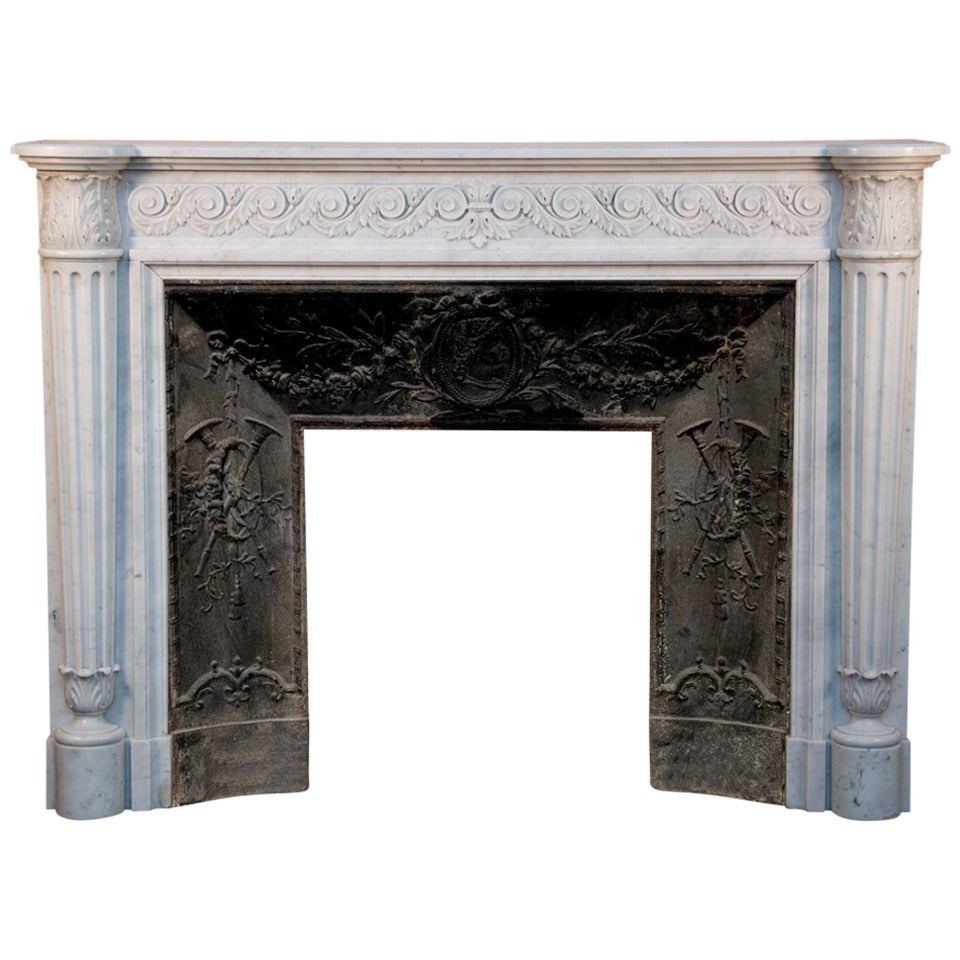Beautiful Antique Louis XVI Style Fireplace with Carved Frieze and Half Columns, 19th Century