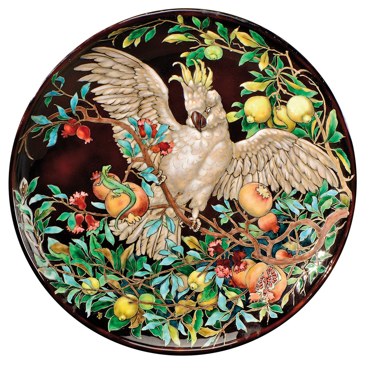 Théophile Soyer Enamelled Copper Plate Representing a Cockatoo