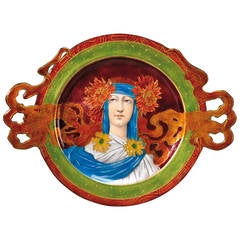 Théophile Soyer Enamelled Copper Dish with a Young Woman