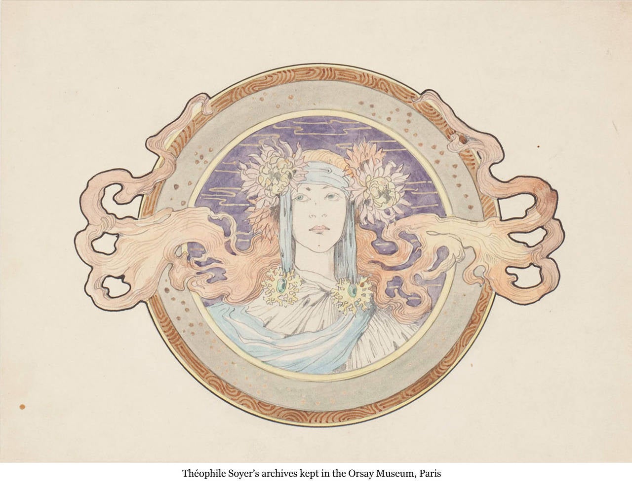 Art Nouveau Théophile Soyer Enamelled Copper Dish with a Young Woman