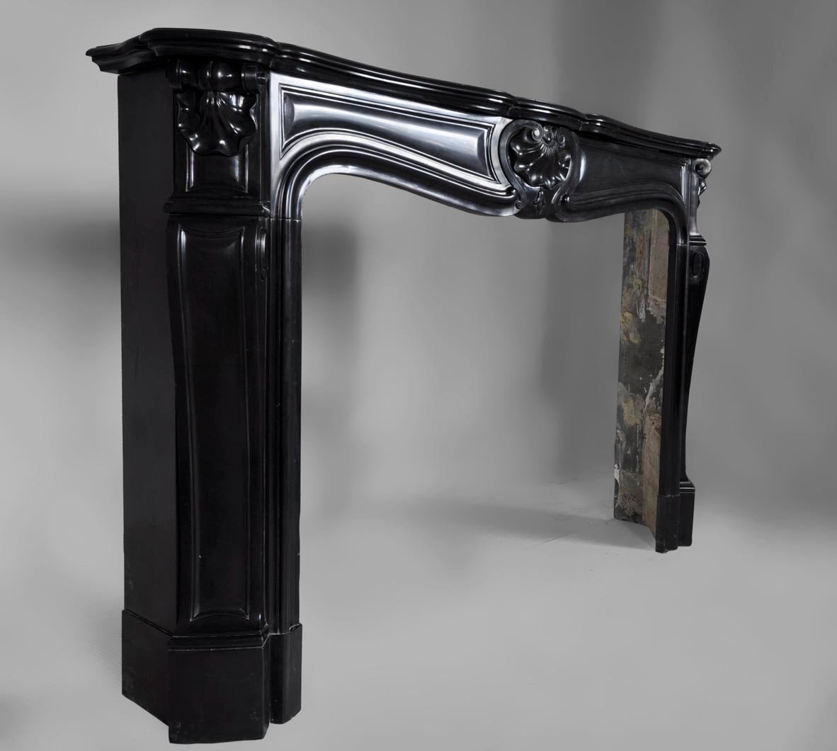French Antique Louis XV Style Fireplace in Black from Belgium Marble