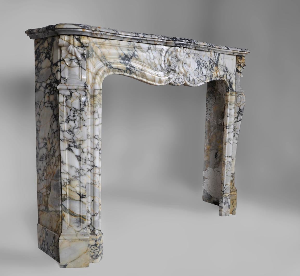 French Louis XV Style Fireplace Sculpted in Breche Marble, 19th Century Period