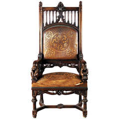 Neo-Gothic Armchair of Carved Walnut and Embossed Leather, 19th Century