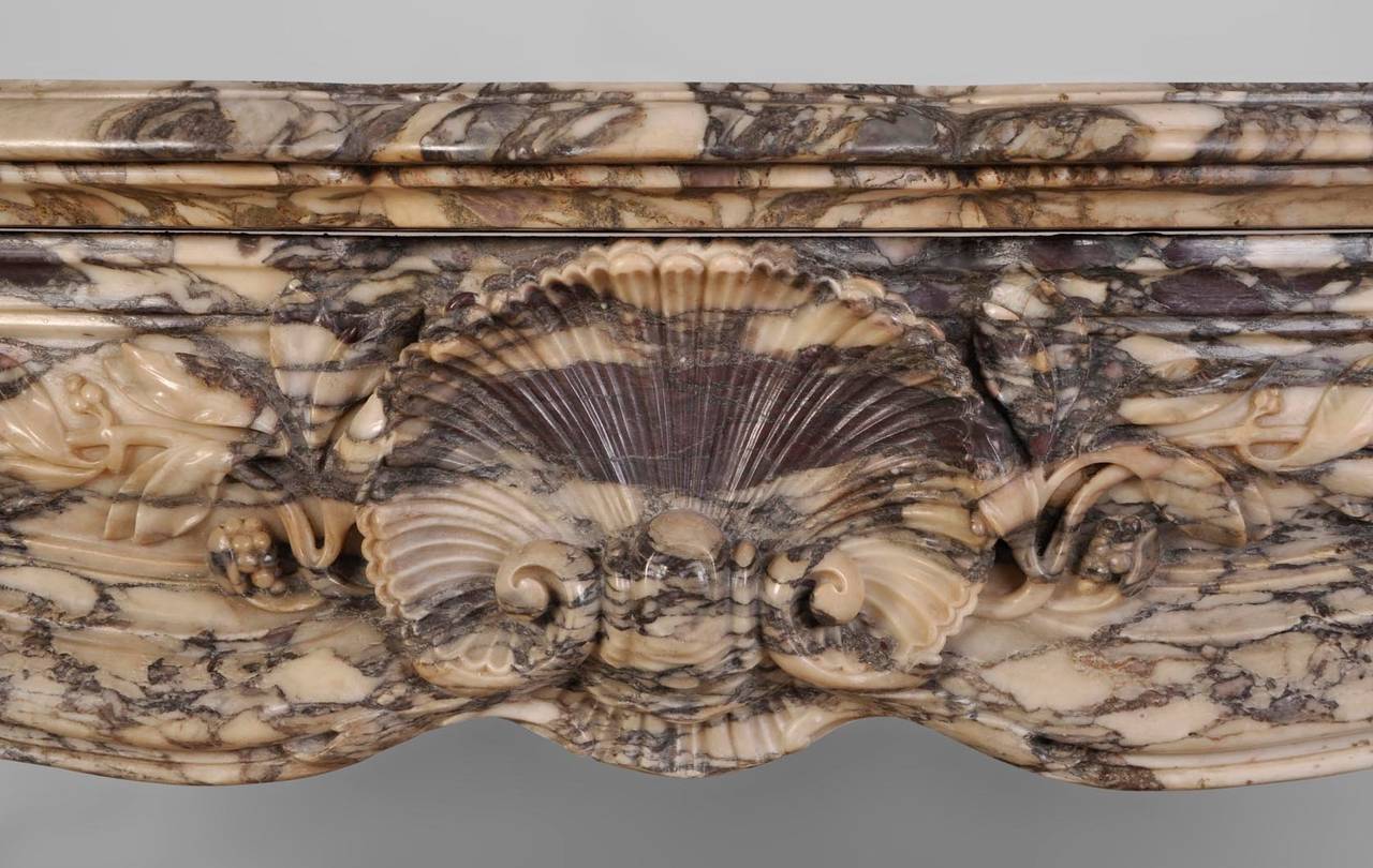 This antique Regency style fireplace was realized in the second half of the 19th century in violet breche marble. 
This marble is highly decorative and highly sought for. 
A large foliaged shell adorns the center of the frieze.