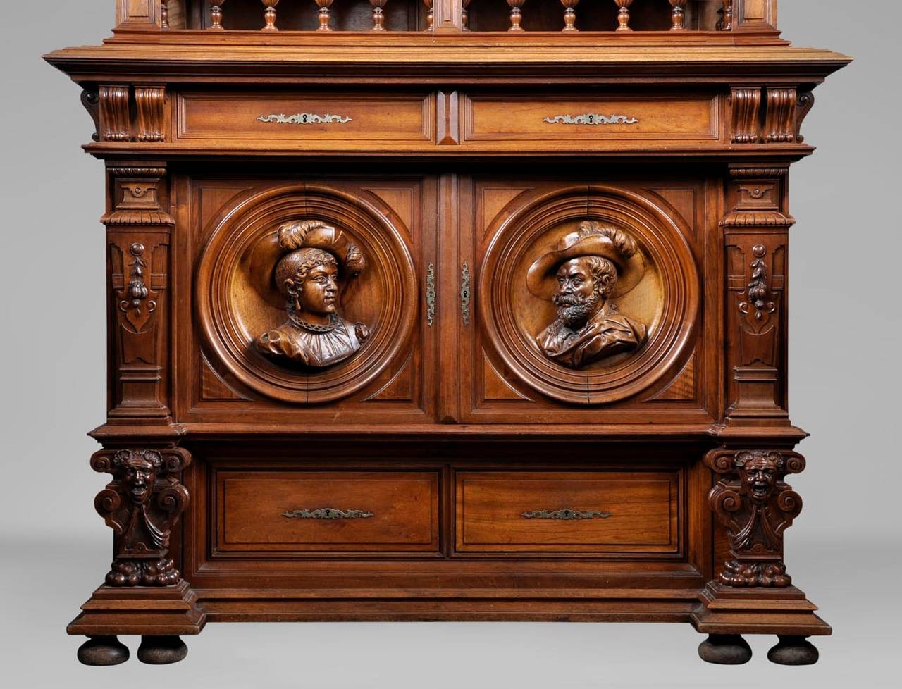 Renaissance Revival Antique Henri II Style Carved Walnut Buffet with Costumed Characters For Sale