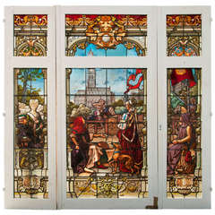 Neo-Troubadour Style Stained Glass with the Belfry of Arras, 19th Century