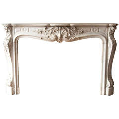 Antique Opulent Louis XV Style Fireplace Made of White Carrrara Marble