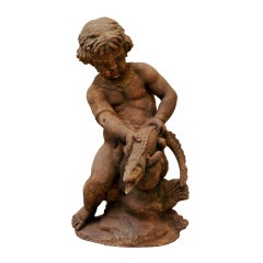 Putto and caiman, cast iron fountain, Putto and caiman, cast iron fountain,