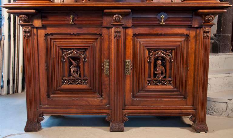 Gothic Revival Neo-Gothic style Buffet made out of carved walnut by Leroux, cabinetmarker, 1882