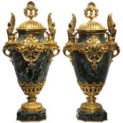 Vases made out of Green marble and gilded bronze by Ferdinand Barbedienne