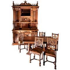 Antique Neogothic Style Dining Room Set of Carved Walnut