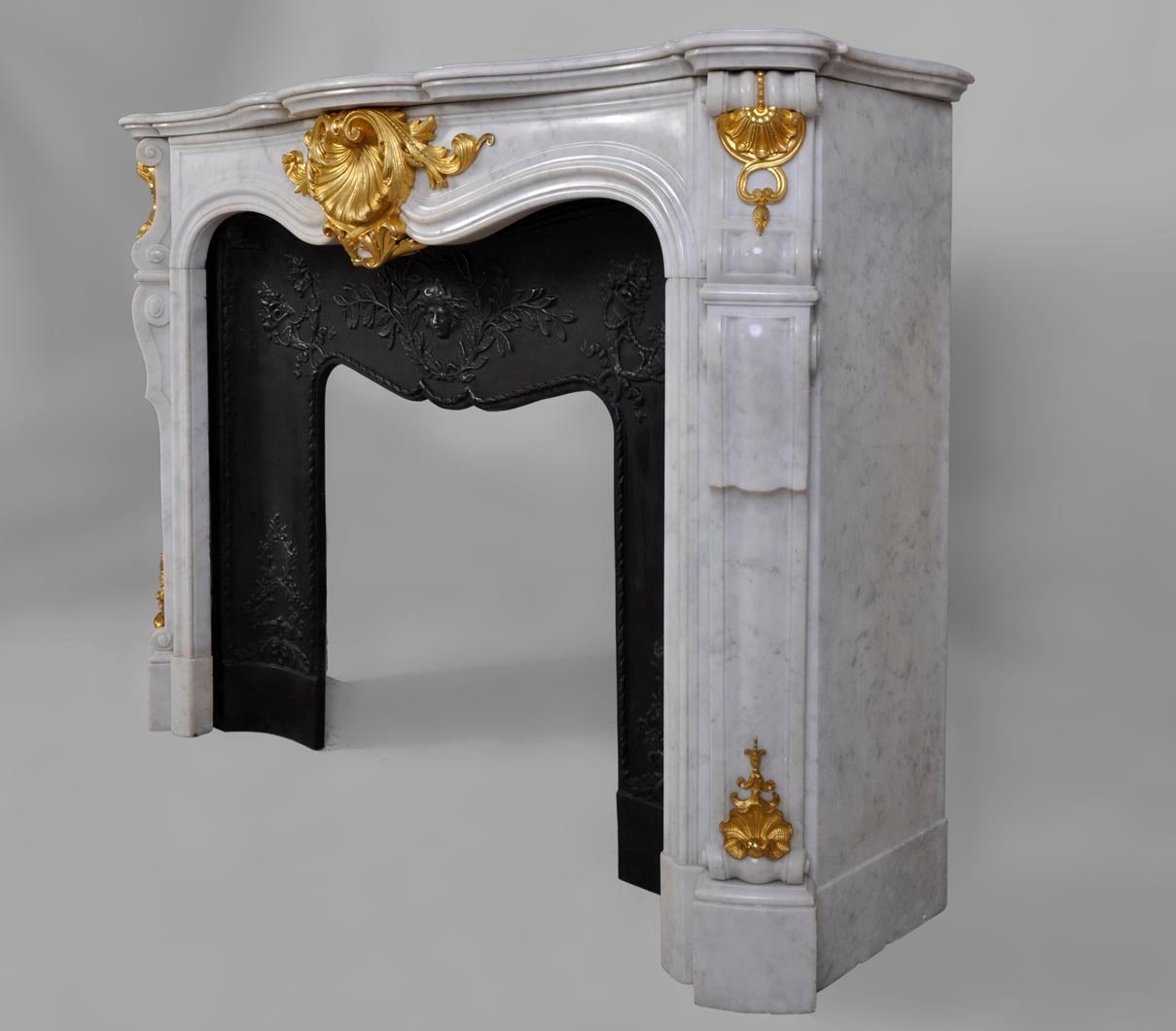 19th Century Louis XV Style White Carrara Marble Fireplace with Gilded Bronze Ornaments