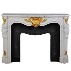 Louis XV Style White Carrara Marble Fireplace with Gilded Bronze Ornaments