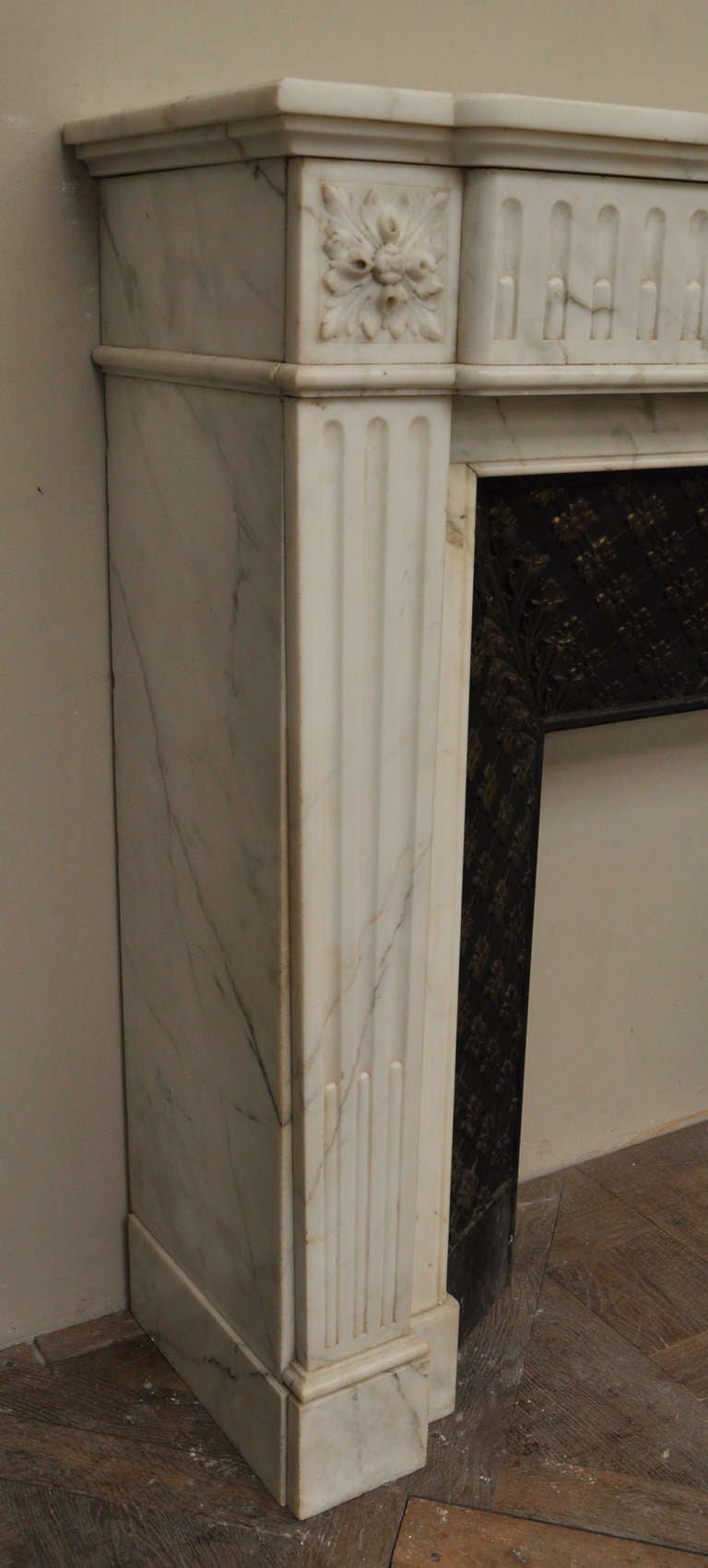 French Antique Louis XVI Style Fireplace in Semi Statuary Carrara Marble