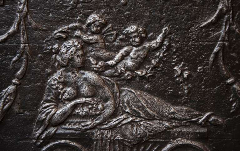 Antique Cast Iron Fireback with Aphrodite and Two Putti, 19th Century