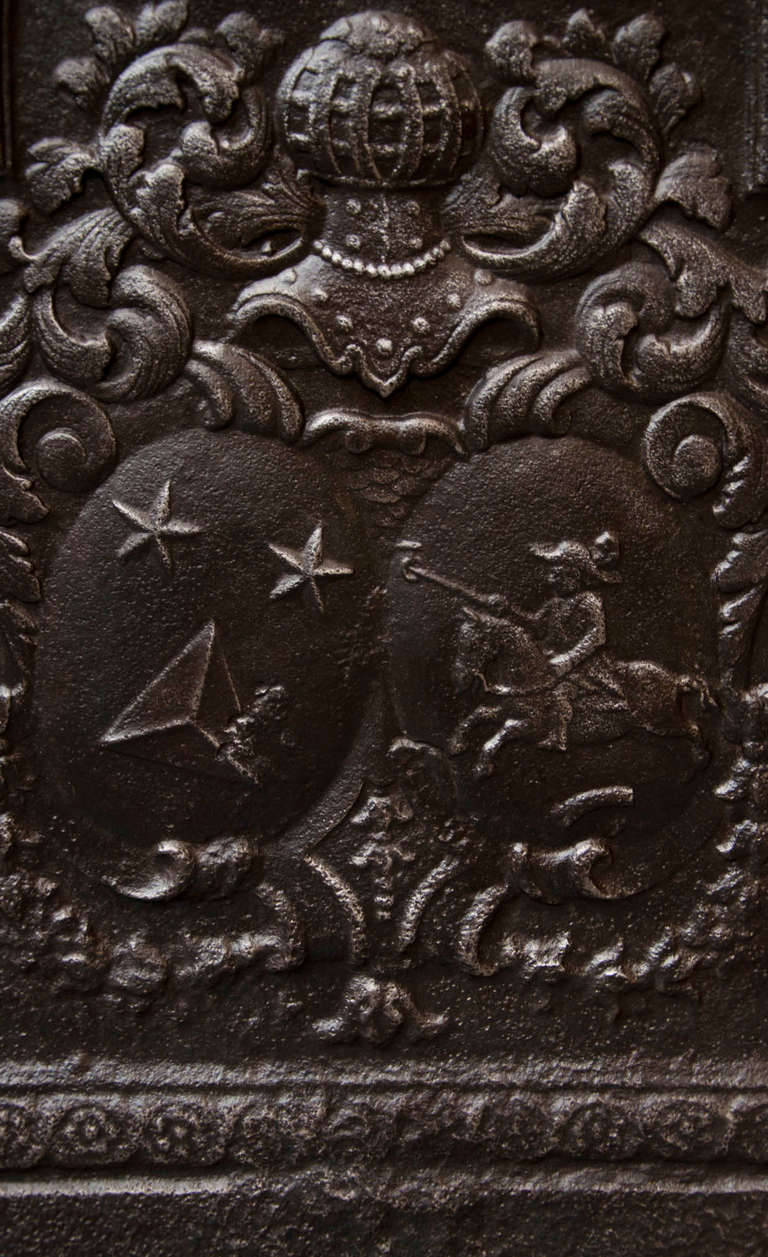 Louis XIV Rare antique cast iron fireback with coat of arms from the 18th century For Sale