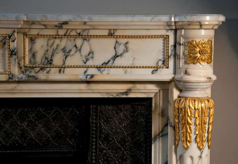 Rare Antique Louis XVI Style Fireplace with Columns and Gilded Bronze Sculptures For Sale 2
