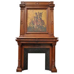 Antique 19th Century Napoleon III Style Walnut Fireplace with Painting on Leather