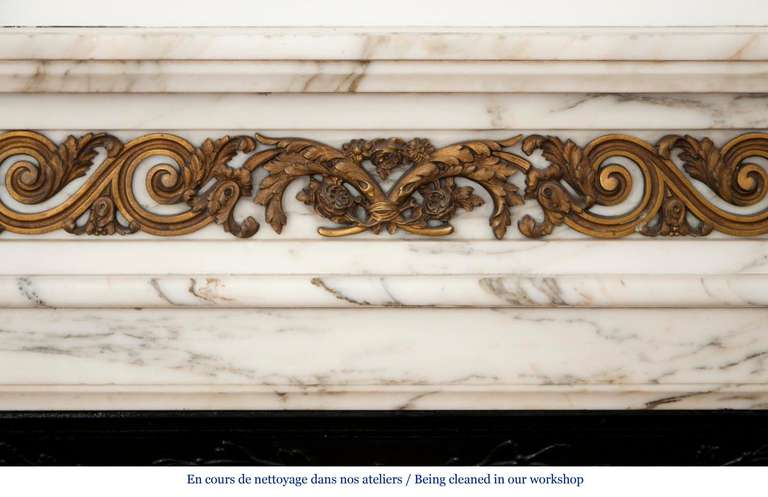 French Louis XVI Style Fireplace with Bronze Sculptures made of Arabescato Marble