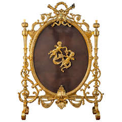 Antique Louis XVI style gilded bronze fire screen made by Charles Casier, 19th c.