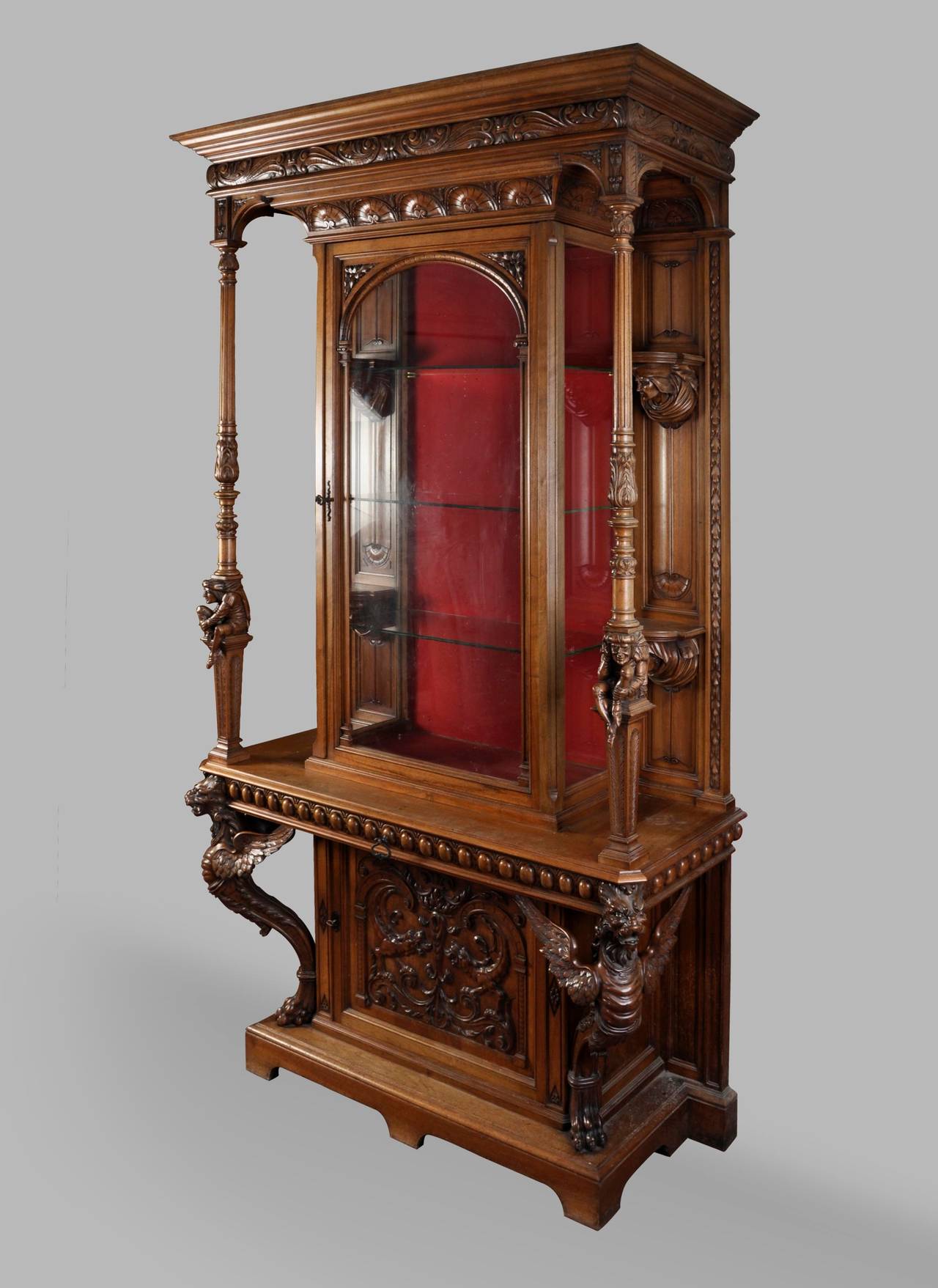 This Neo-Renaissance style cabinet was sculpted in walnut circa 1870. The cabinet is signed by the french cabinetmaker Bellanger : 