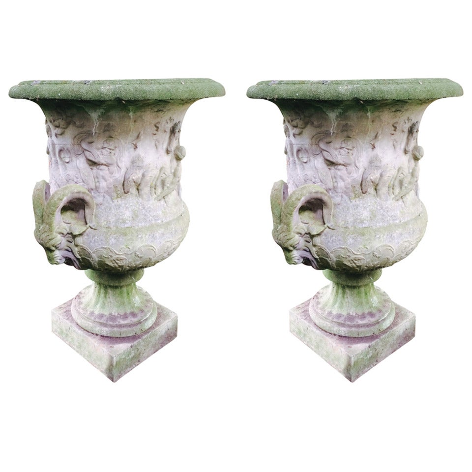 Pair of Antique Garden Vases with Mythological Scenes