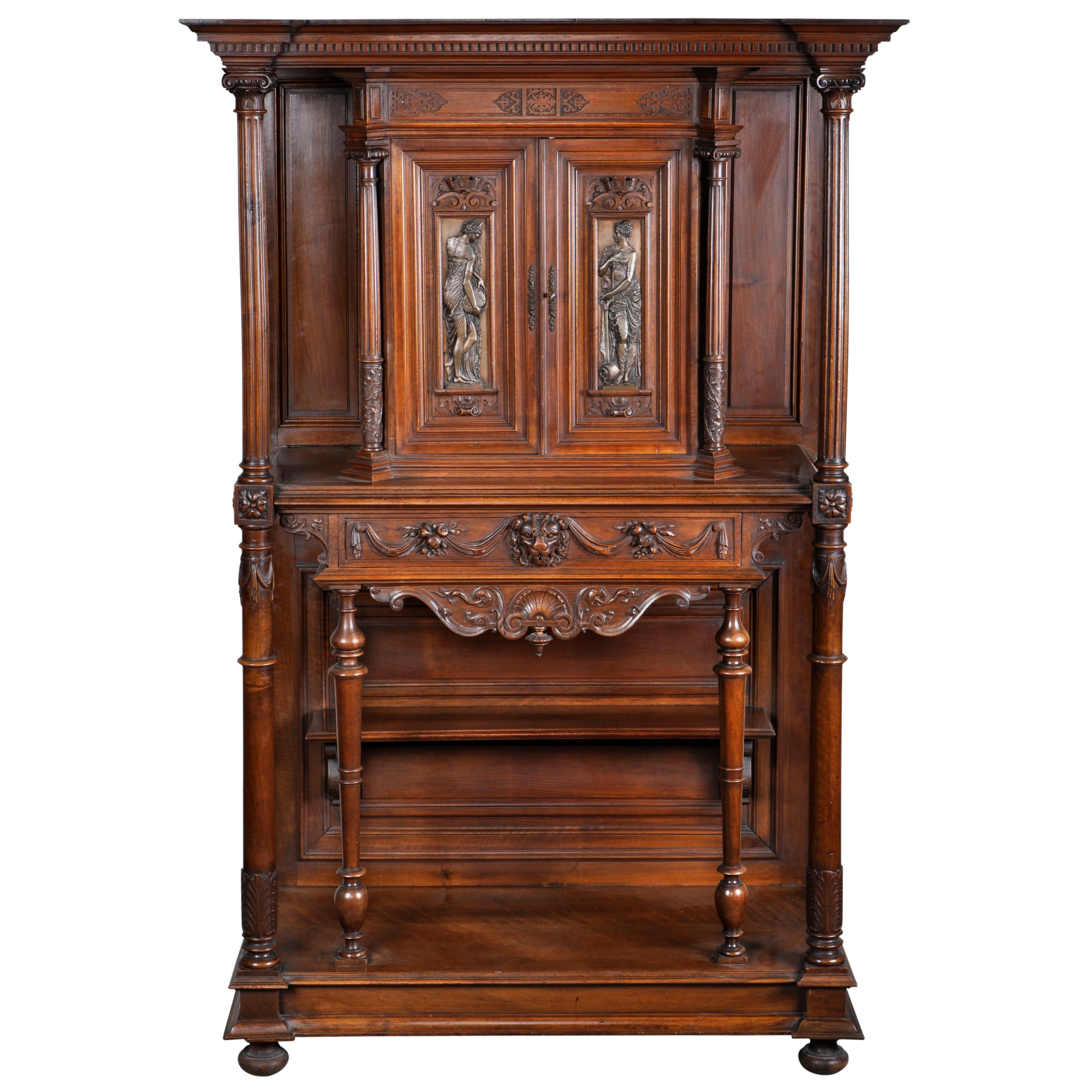 Paul Mazaroz, Neo-Renaissance Style Credenza in Carved Walnut For Sale