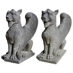 Pair of Neo-Gothic Style Carved Stone Griffins, 19th Century