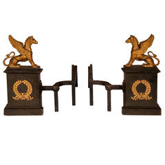 Pair of Antique Restoration Style Andirons with Griffins in Gilded Bronze