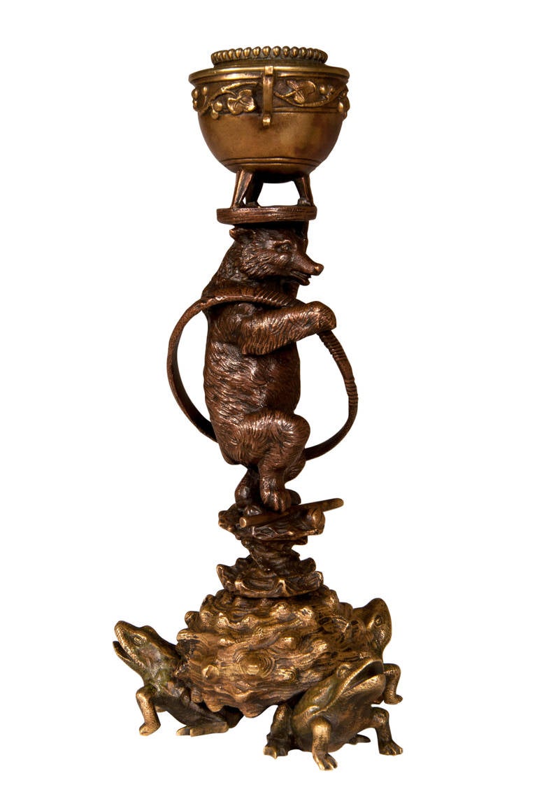 Napoleon III Pair of Gilded Bronze Candlesticks with Circus Bears by Christophe Fratin