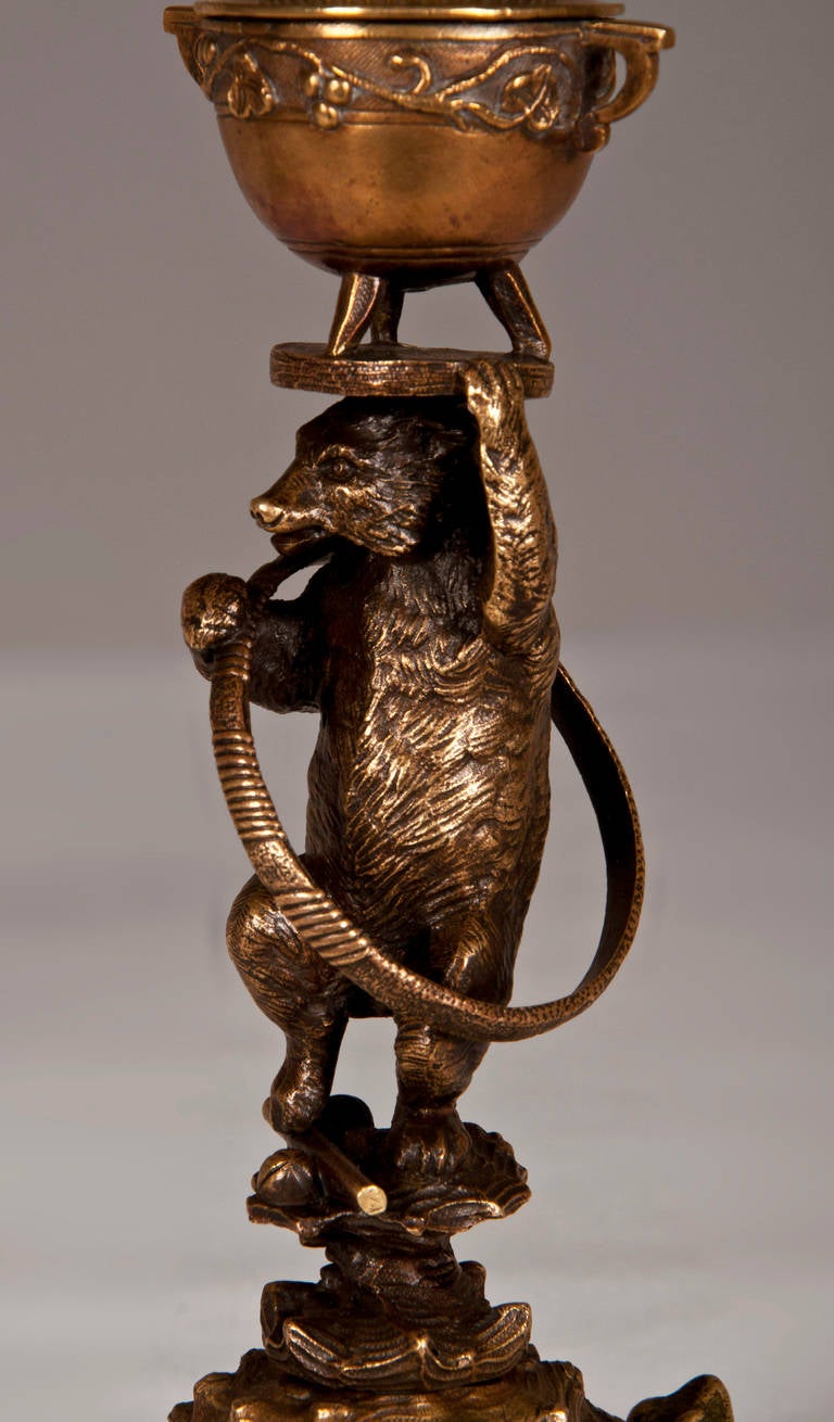 19th Century Pair of Gilded Bronze Candlesticks with Circus Bears by Christophe Fratin