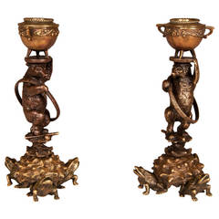 Pair of Gilded Bronze Candlesticks with Circus Bears by Christophe Fratin