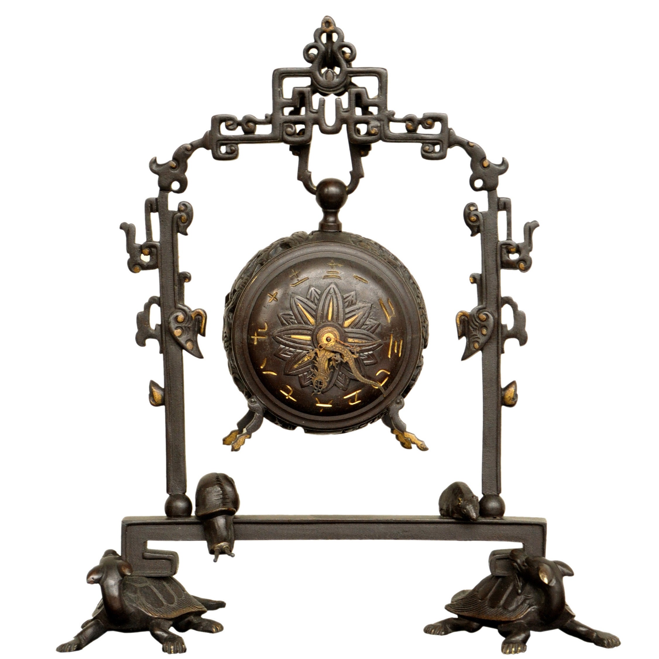 Chinese-style portico clock decorated with turtles, 19th c.