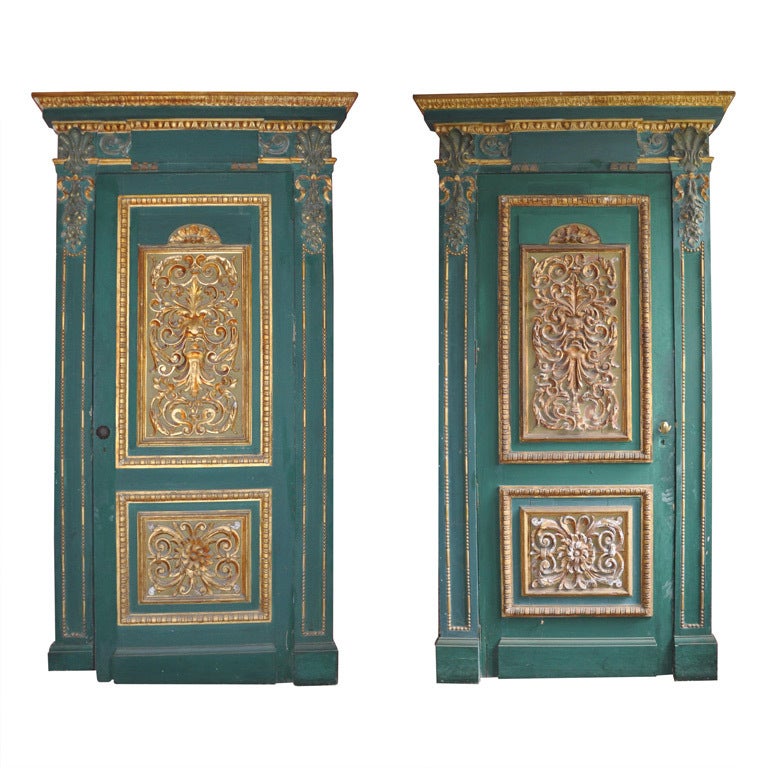 Pair of Green Painted Doors with Sculpted and Gilded Wood Panels  For Sale