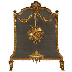 Antique Louis XVI style fire screen in gilded bronze, 19th c.