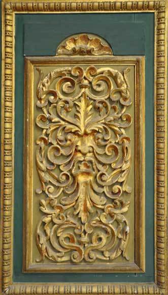 French Pair of Green Painted Doors with Sculpted and Gilded Wood Panels  For Sale
