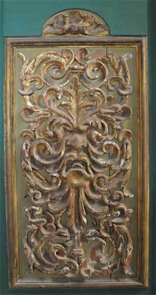 Pair of Green Painted Doors with Sculpted and Gilded Wood Panels  For Sale 1