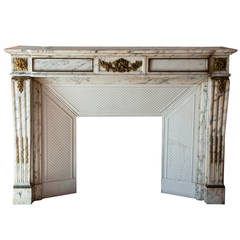 Louis XVI Style Fireplace Made of Grey Panazeau Marble and Gilded Bronze