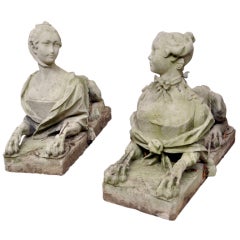 Pair of Antique Sphinxes in Composite Stone, Period 19th Century