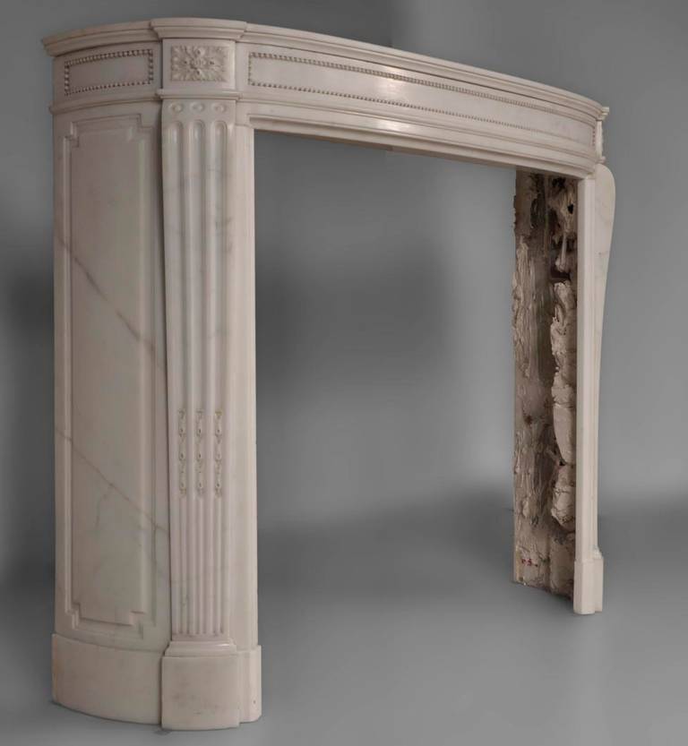 French Rare Louis XVI Style Fireplace with Pearl Decor, Statuary Marble, 19th Century