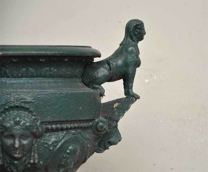 French Antique cast iron vase with two sphinxes For Sale